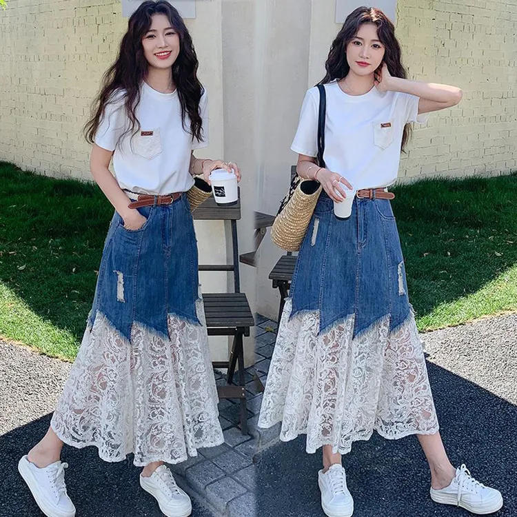 高级感御姐穿搭套装女2025夏季新款短袖蕾丝拼接牛仔半身裙两件套