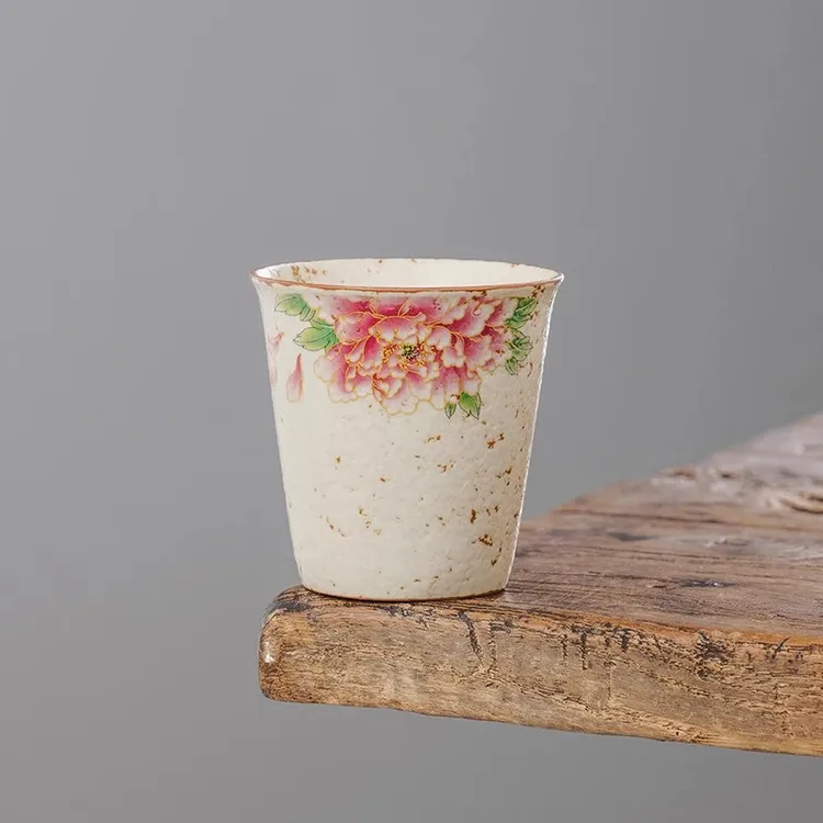 青花火石红金丝牡丹功夫茶杯品茗杯陶瓷家用复古茶具主人杯可乐杯