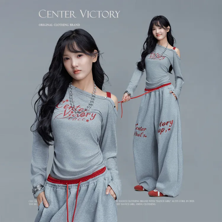 【达人专属】CV新广场舞潮牌斜肩金属领长袖休闲宽松圆领显瘦爵士