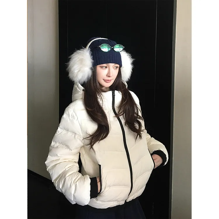 休闲简约撞色连帽面包服外套女秋冬季新款宽松拉链棉服加厚棉衣潮