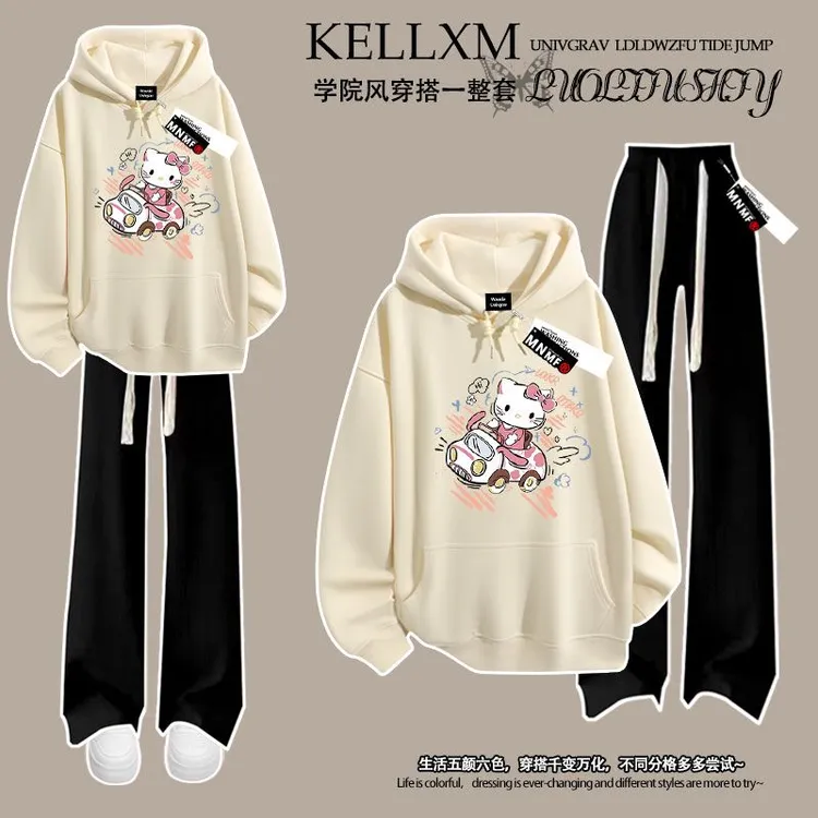 2025秋冬季女童连帽卫衣长裤套装洋气卡通Kitty猫印花中大童上衣
