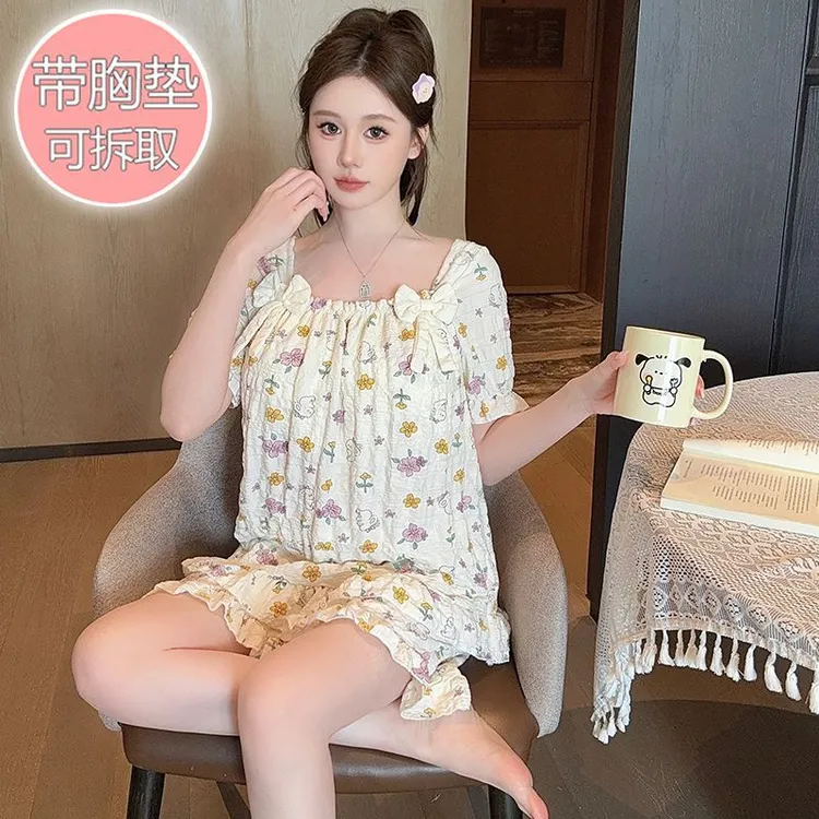 薄款套装女带宽松夏季夏天公主风云朵棉短袖大码加肥220斤家居服