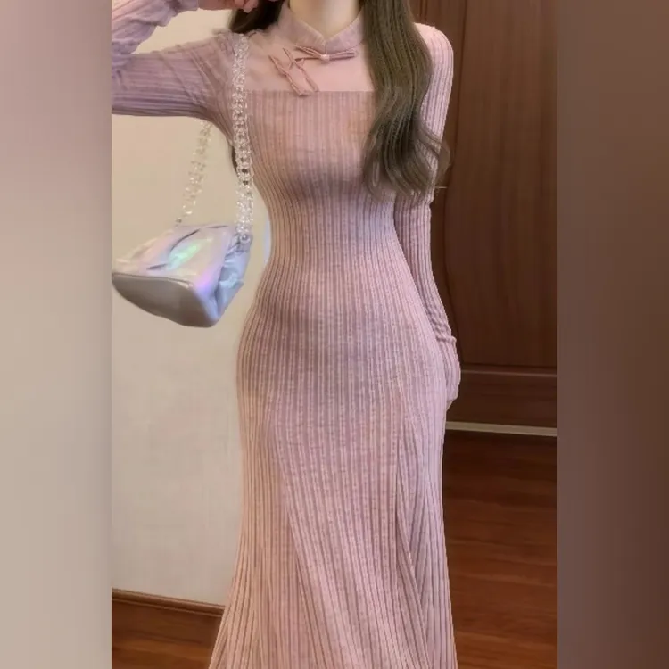 362-1#大衣内搭裙子半高领打底连衣裙新中式国风长裙秋冬款小个子