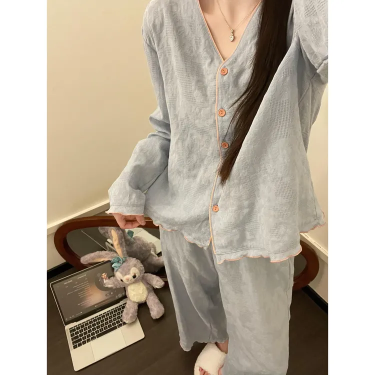 韩版温柔甜美简约高级感纯色睡衣女春秋新款长裤家居服套装可外穿