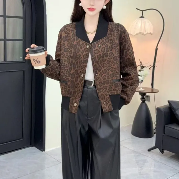 欧货豹纹短款棒球外套拼接设计小个子显瘦外套2531