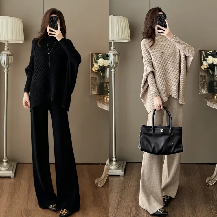 7716慵懒套装女秋冬法式半高领不规则蝙蝠袖流行时尚潮牌女装