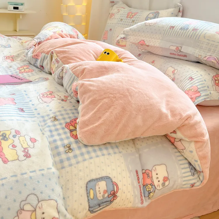 冬季牛奶绒印花四件套加厚加绒被套床单学生宿舍单人被罩三4件套