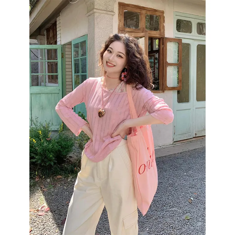 慵懒松弛感粉色防晒针织T恤罩衫女夏季宽松薄款外搭休闲洋气上衣