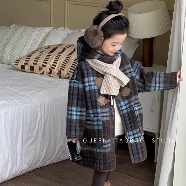 韩国女童加绒连帽格子大衣2025冬季女孩洋气长款呢子外套男童宝宝
