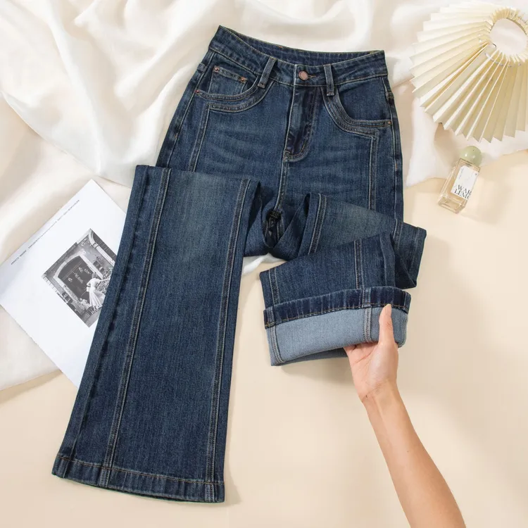 拼接不贴腿微宽松九分微喇牛仔裤秋冬款显瘦高腰八分小个子喇叭裤