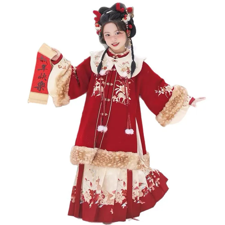 汉服女童冬装宝宝中国风重工云肩套装女孩古装儿童红色唐装拜年服