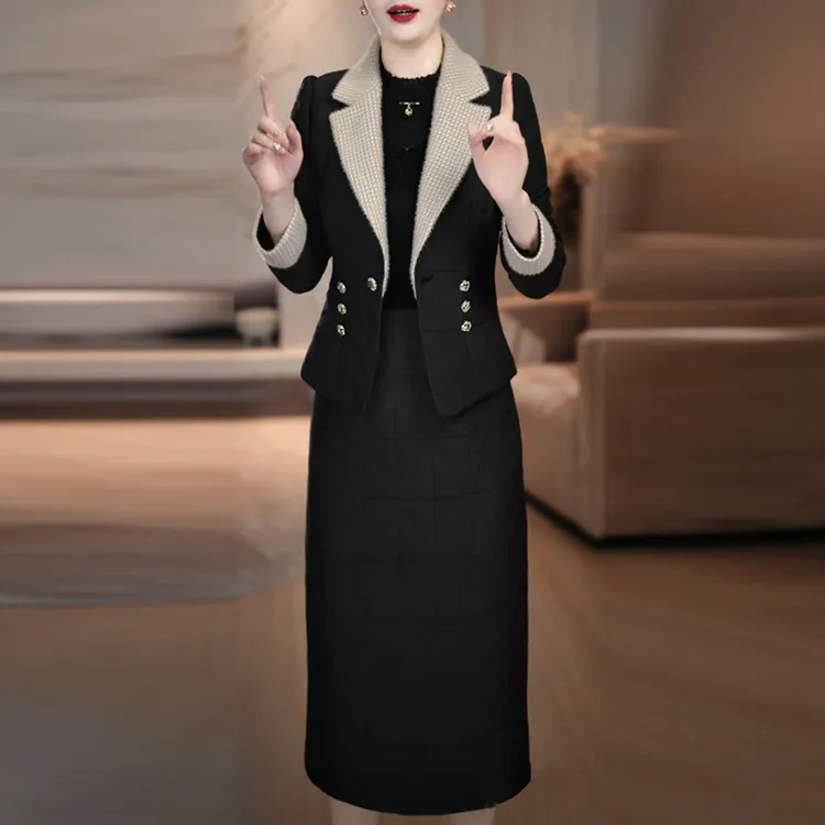 蓄热保暖小香风套装裙2025秋冬季新款气质夹棉加厚两件套连衣裙子