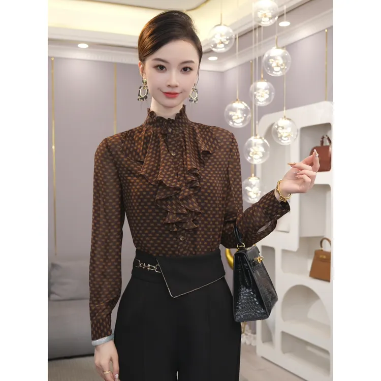 唐熹2026年春秋季新款【6946】轻奢小众高级感女装咖色长袖衬衫上衣
