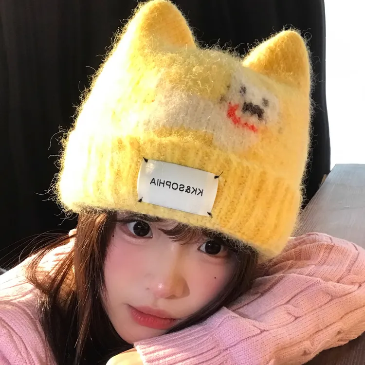 可爱黄色小狗猫耳朵针织帽子女2025新款冬包头冷帽加厚保暖毛线帽