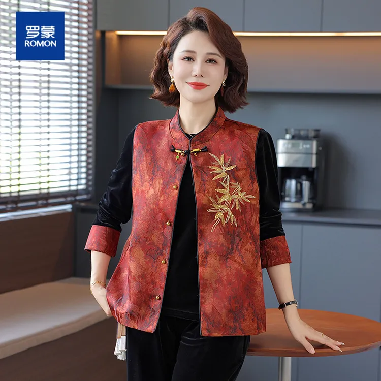 罗蒙新中式妈妈秋装金丝绒套装2025新款中老年女装春秋上衣三件套