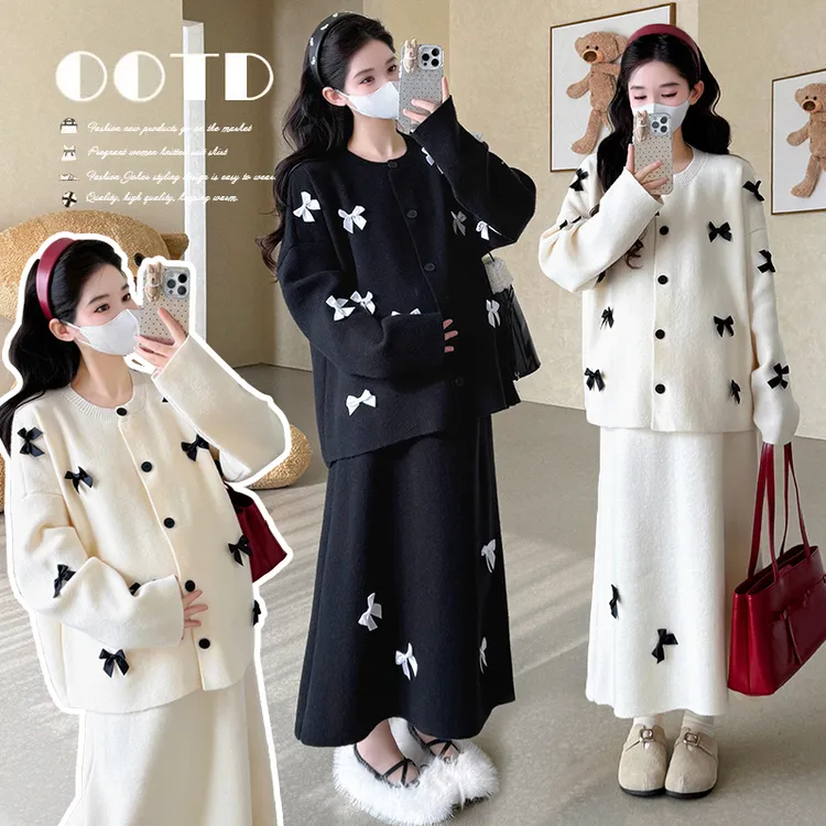孕妇装秋冬新款时尚慵懒风蝴蝶结长袖毛衣外套针织半身裙两件套