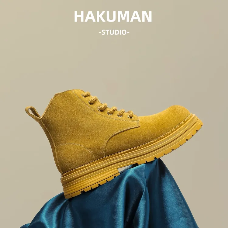 HAKUMAN男士马丁靴大黄靴真皮牛皮磨砂反绒皮加绒保暖机车中筒靴