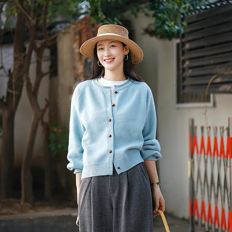 飞鸟和新酒插肩袖针织开衫女秋季宽松圆领毛衣FA55034023