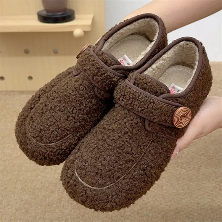复古加绒平底女棉鞋老北京布鞋可爱圆头博肯鞋毛绒保暖豆豆棉鞋