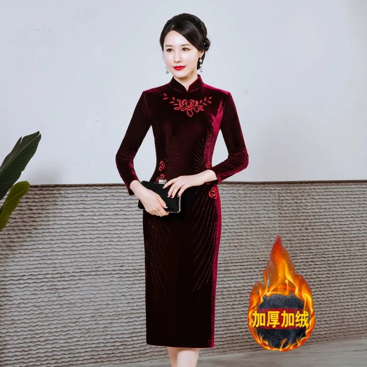 加厚秋冬新款改良中式丝绒旗袍女长款喜婆婆高档婚礼服敬酒服
