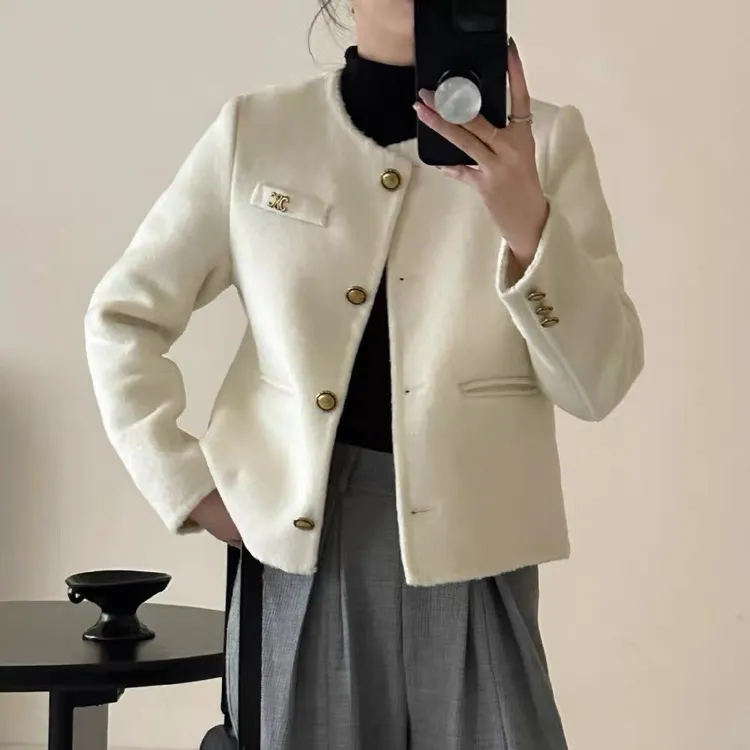 金凯旋门圆领小短款双面呢大衣时尚休闲百搭女士秋冬保暖外套