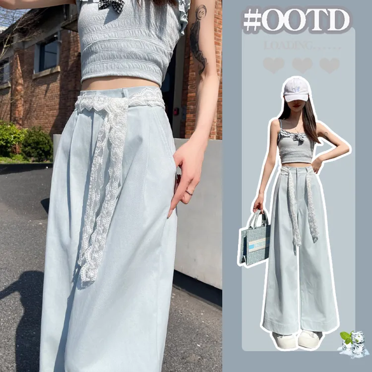 蕾丝西装裤阔腿裤女夏季新款高腰系带洗水棉直筒裤后腰松紧九分裤