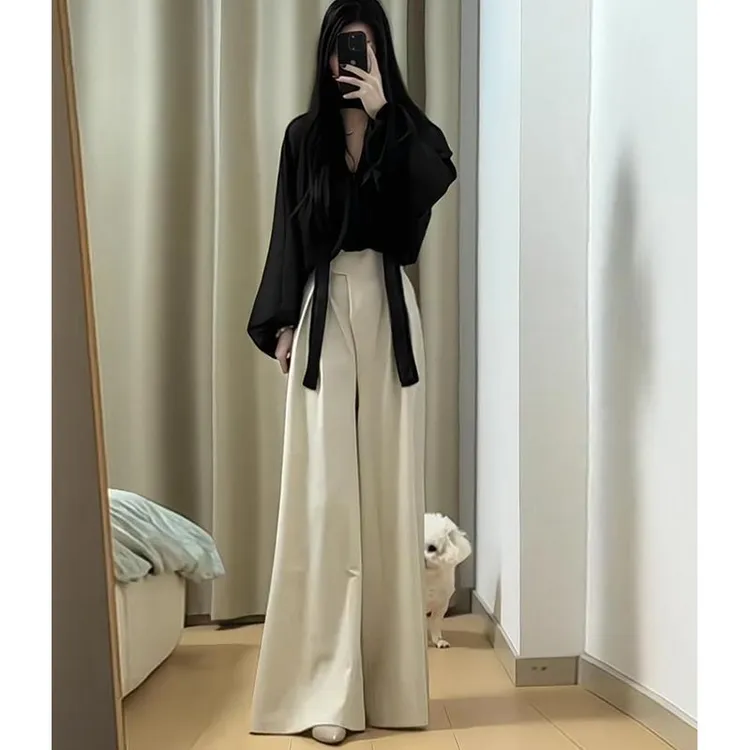 2025夏季法式爆款高级感纯色个性上衣高腰阔腿裤职业风小众两件套