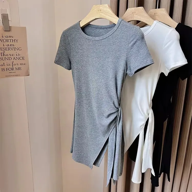 时尚短袖t恤女2026新款设计感开叉不规则独特漂亮中长款上衣小衫