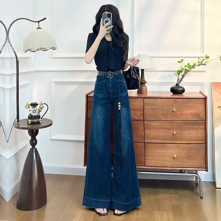 个性腰带阔腿牛仔裤女2025春秋季宽松时尚百搭独特设计直筒裤