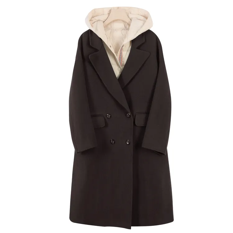 2623秋冬保暖羊毛羽绒两件套双排扣宽松大衣长款毛呢外套