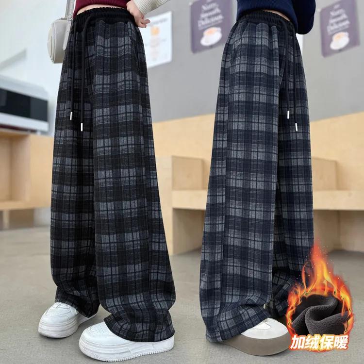 女童加绒裤子秋冬2025新款儿童一体绒休闲裤女大童初中生格子裤潮