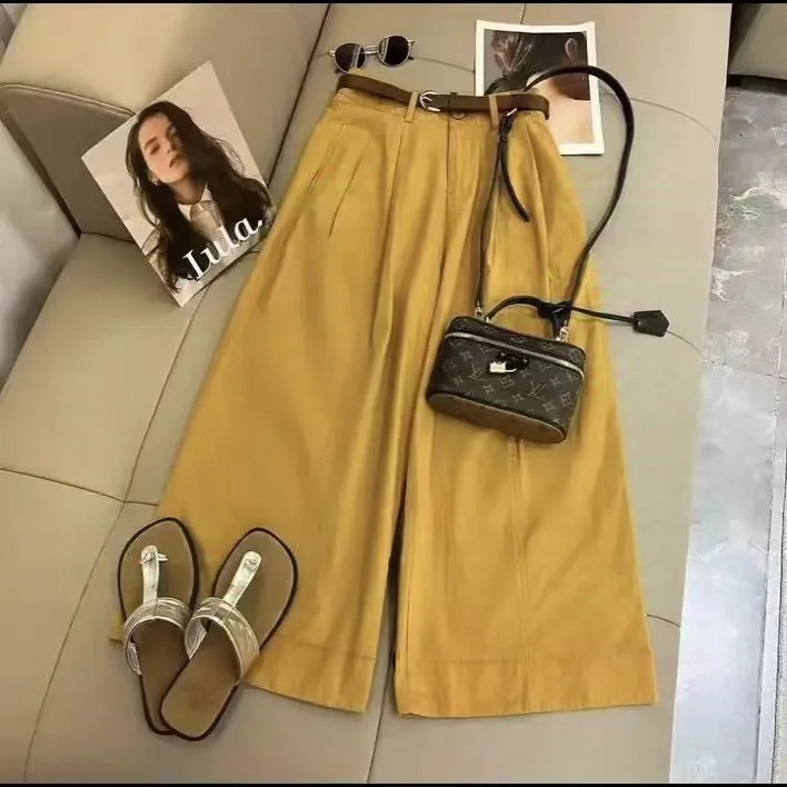 新款【带腰带】2025年夏季新款拼接直筒宽松高腰显瘦休闲百搭阔腿裤