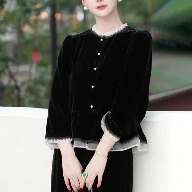 法式黑色衬衫女士2025早秋新款时尚休闲高级感假两件打底气质上衣