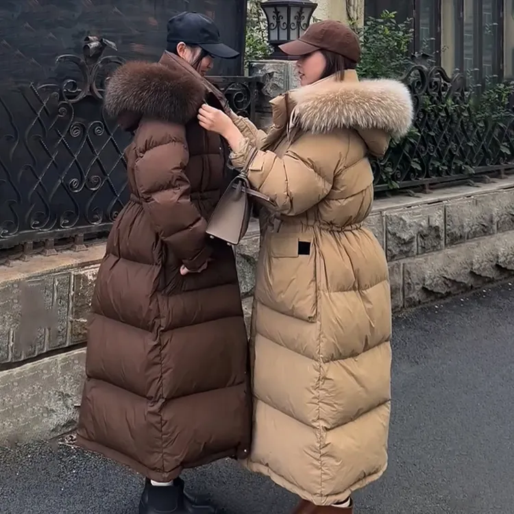 真毛领加长款过膝加厚羽绒服女2025新款连帽白鸭绒收腰韩版外套