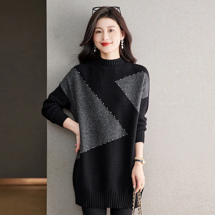 高端气质拼色秋冬黑色打底衫宽松中长款高级感套头内搭外穿针织衫