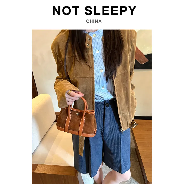 【不睡觉商店】麂皮拼togo头层牛皮复古老钱风迷你花园包手提斜挎包