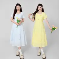 微胖定制【W2791】法式气质温柔收腰显瘦减龄方领短袖连衣裙