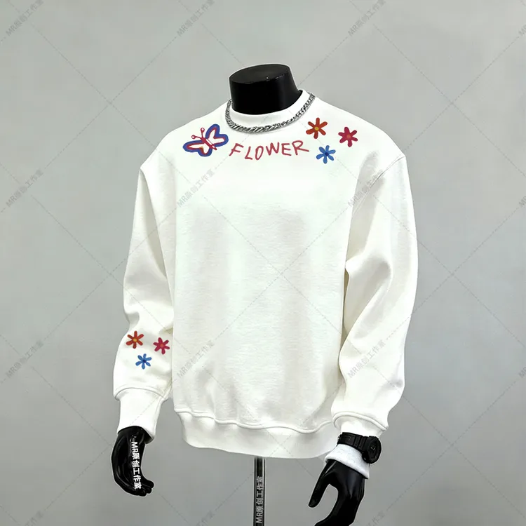 加绒卫衣美式潮牌圆领宽松套头加厚花领下右袖冬季白色长袖外套