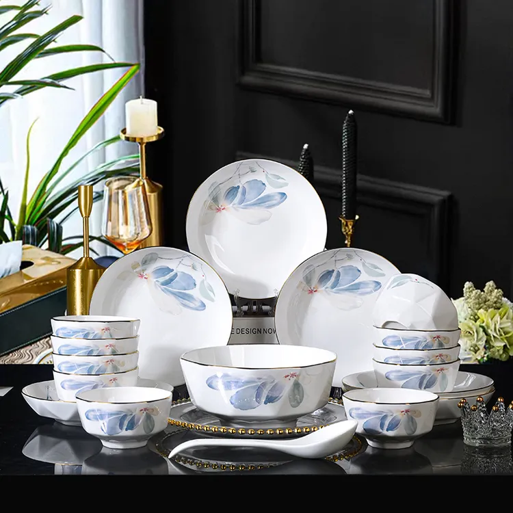 【水墨花影18头】高端碗碟2025套装新骨瓷套装家用碗盘乔迁餐具