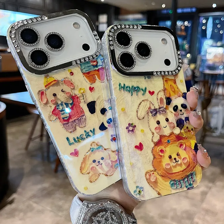 适用苹果系列iPhone17新款手机壳可爱ins风Happy獅子半钻大孔透气