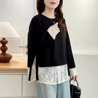 JIANAOBEN/简澳本大码女2025新款宽松时尚假两件蕾丝拼接长袖卫衣