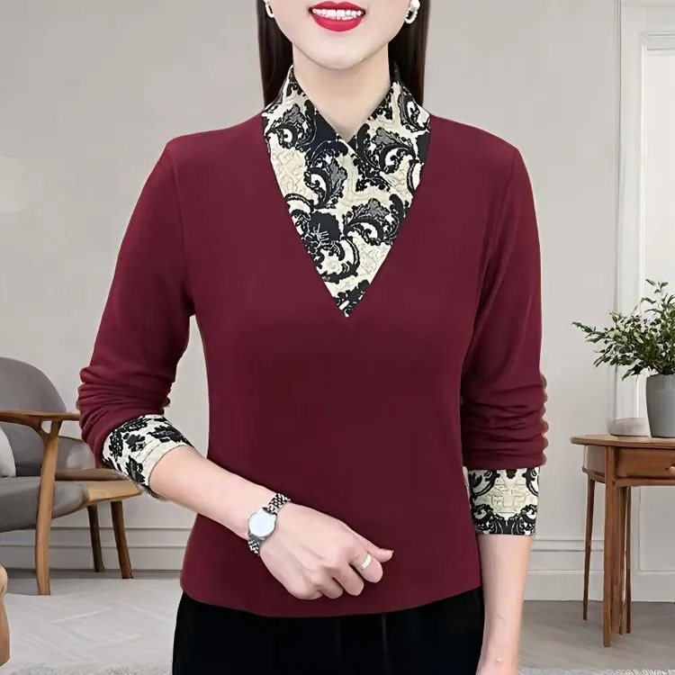 2025秋季新款假两件拼色长袖时尚休闲T恤设计感气质女士修身小衫