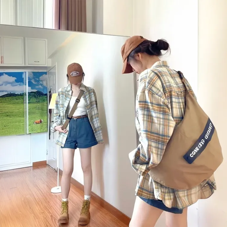 ej复古格子衬衫女春秋宽松显瘦外套气质女装