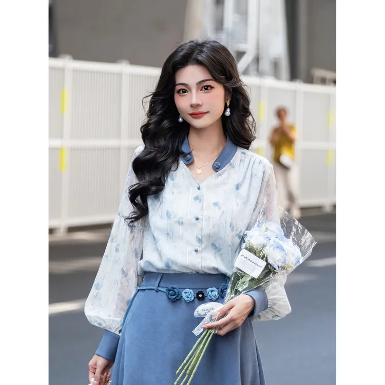LIJIUJIU【海岛冰河】气质长袖百搭复古显瘦晕染印花衬衫YX2508120