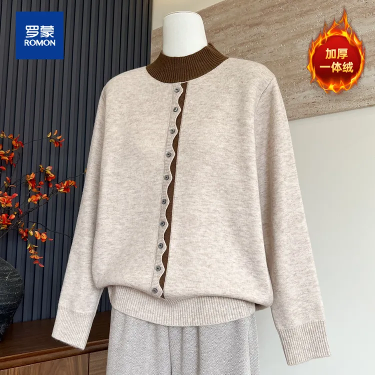 罗蒙新款妈妈装秋冬季针织半高领内搭中老年女气质一体绒保暖毛衣
