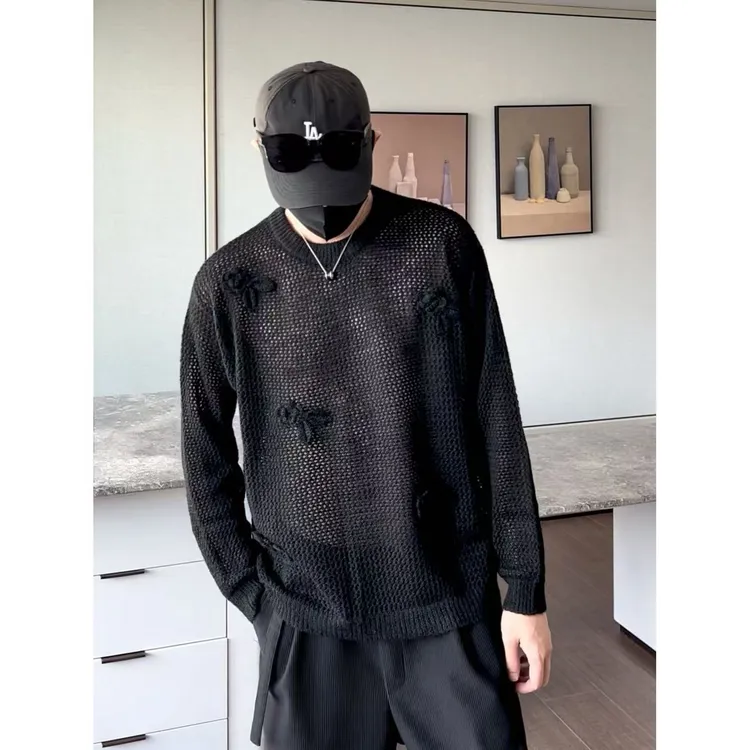 大圣圣 重工艺纯手勾花朵镂空宽松慵懒风圆领针织毛衣男FUL 42543