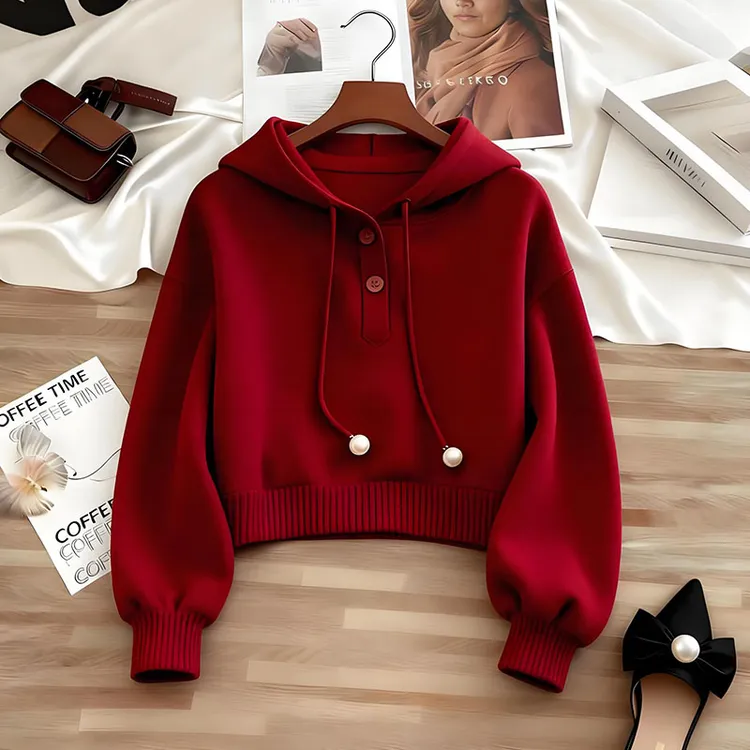 小众别致红色连帽抽绳纯色卫衣秋季韩系慵懒风时尚洋气舒适打底衫