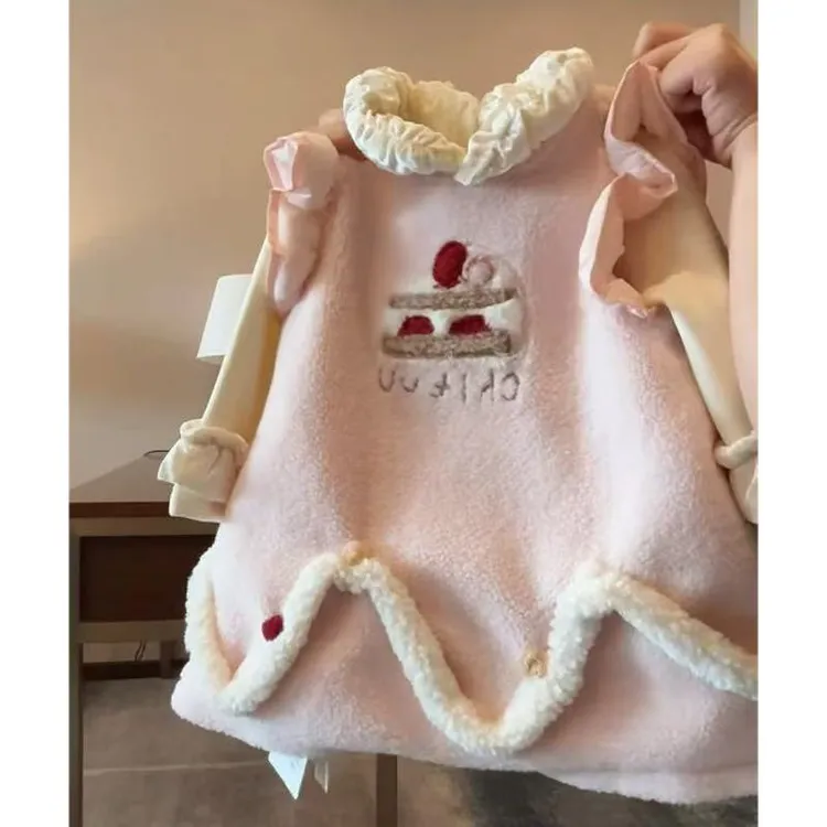 女童连衣裙冬季2025新款小女孩甜美可爱小飞袖毛绒圆领保暖背心裙