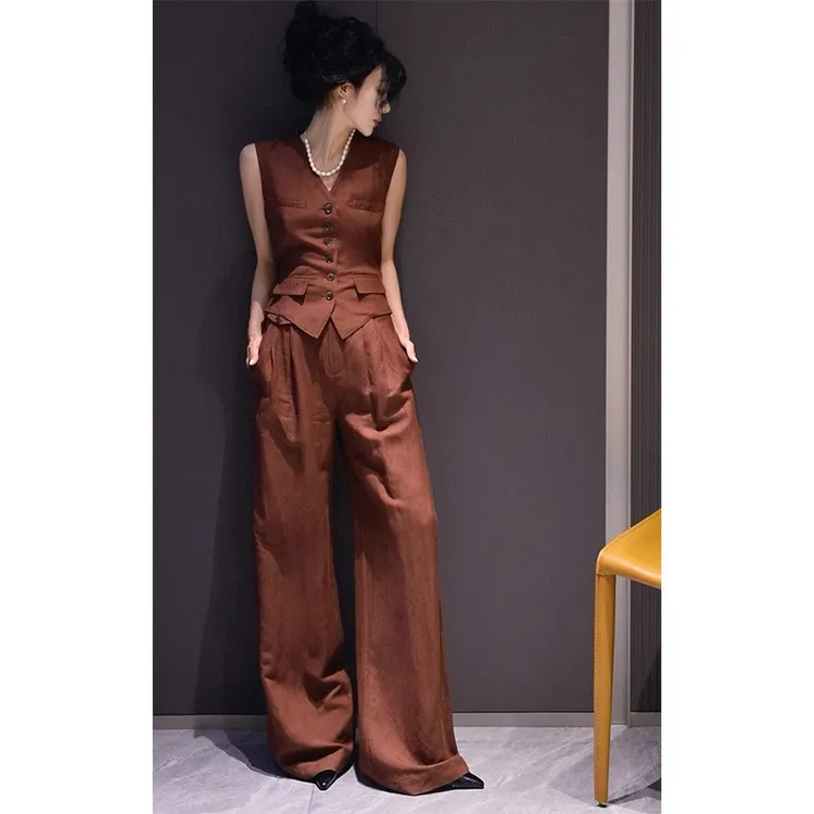 夏季女装2025新款时尚高级感老钱风气质松弛感西装马甲长裤两件套