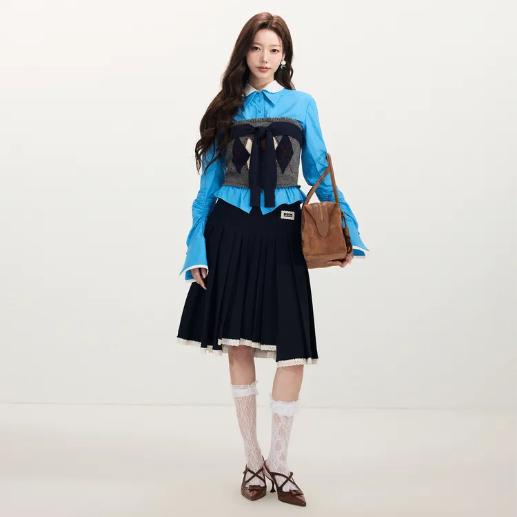 lefame拉飞姆2026早春新品时尚假两件拼接娃娃领叠穿针织长袖上衣